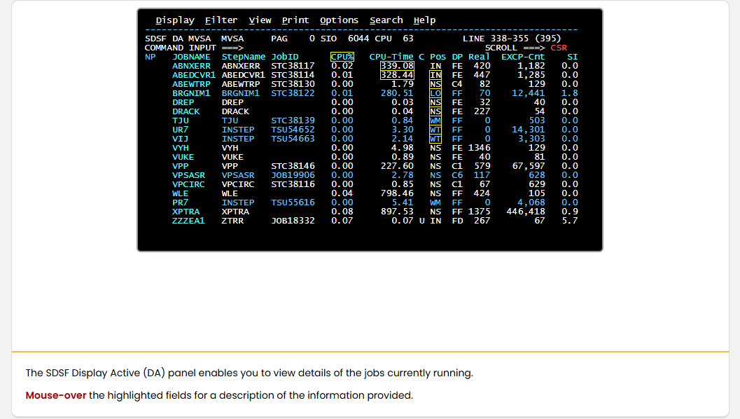 Data Processing Monitoring Job Progress: Data Processing - SDSF Display Active Panel screenshot
