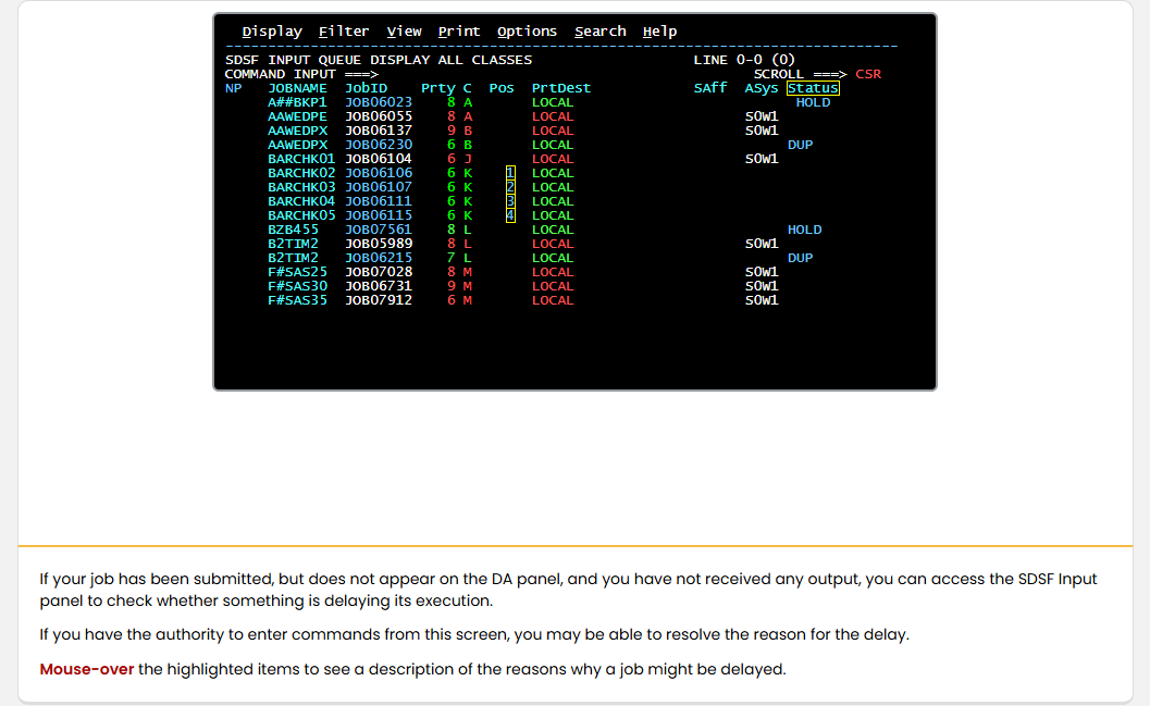 Data Processing Monitoring Job Progress: Data Processing - SDSF Input Panel screenshot