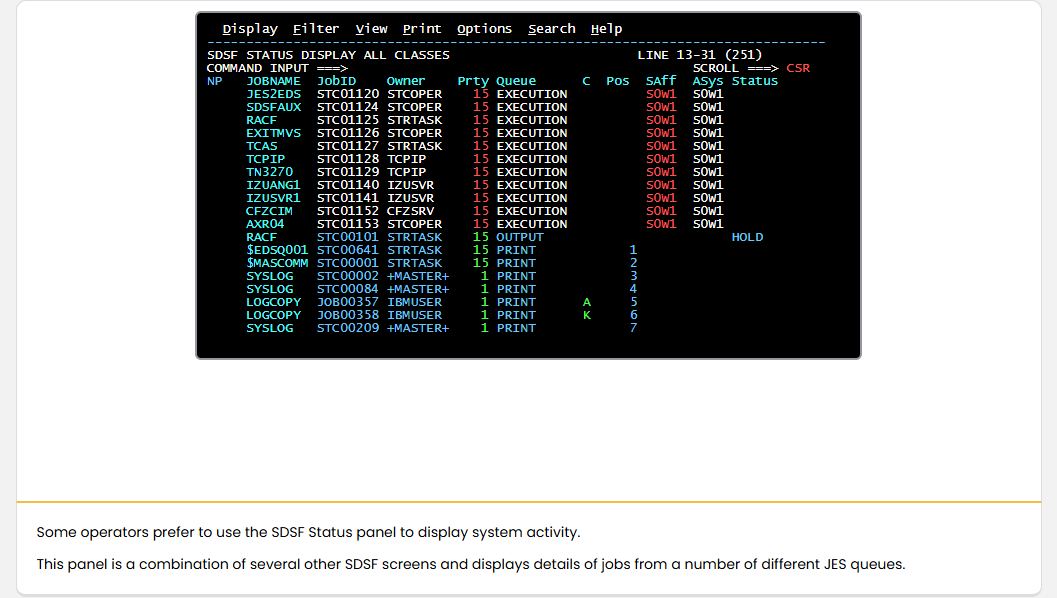 Data Processing Monitoring Job Progress: Data Processing - SDSF Status Panel screenshot