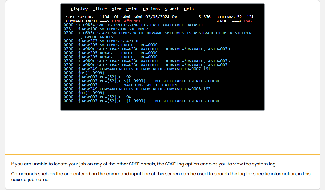 Data Processing Monitoring Job Progress: Data Processing - SDSF Log screenshot