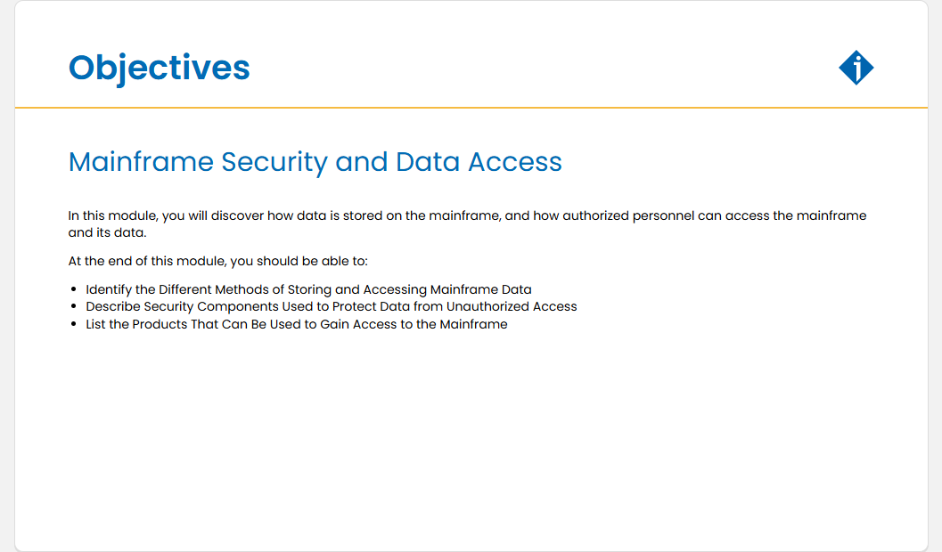 Mainframe Security and Data Access Mainframe Security and Data Access - Objectives screenshot
