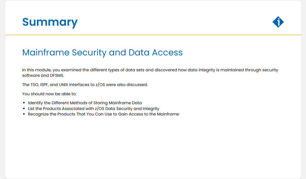 Mainframe Security and Data Access Quiz: Mainframe Security and Data Access - Summary screenshot