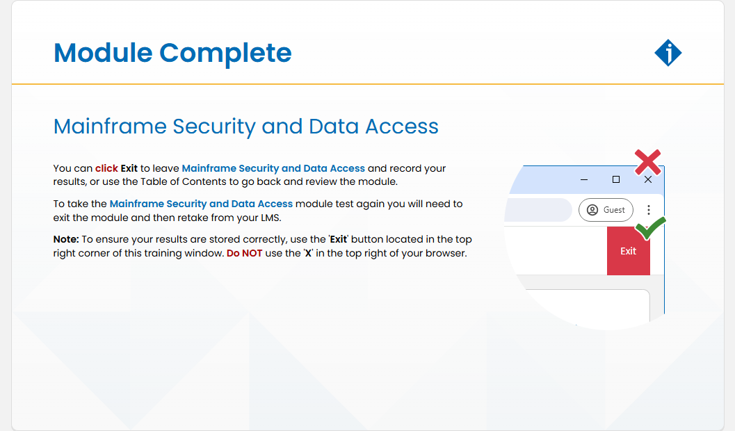 Mainframe Security and Data Access Module Test: Mainframe Security and Data Access - Module Complete screenshot