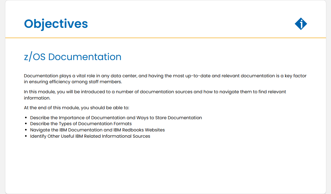 z/OS Documentation z/OS Documentation - Objectives screenshot