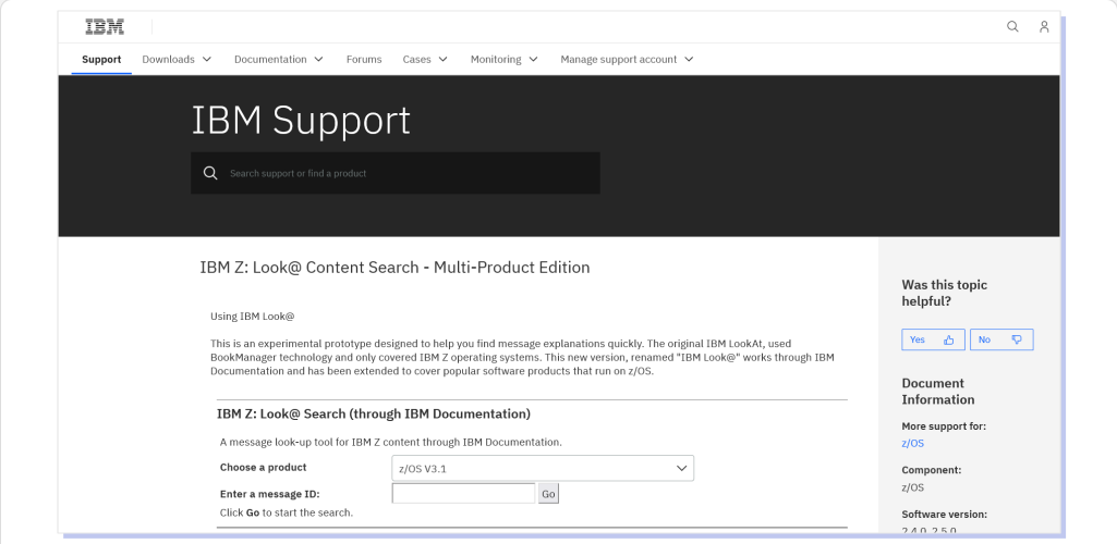 z/OS Documentation IBM Documentation Webpages: z/OS Documentation - Look@ IBM Documentation screenshot