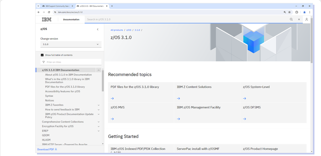 z/OS Documentation IBM Documentation Webpages: z/OS Documentation - PDF Documents screenshot