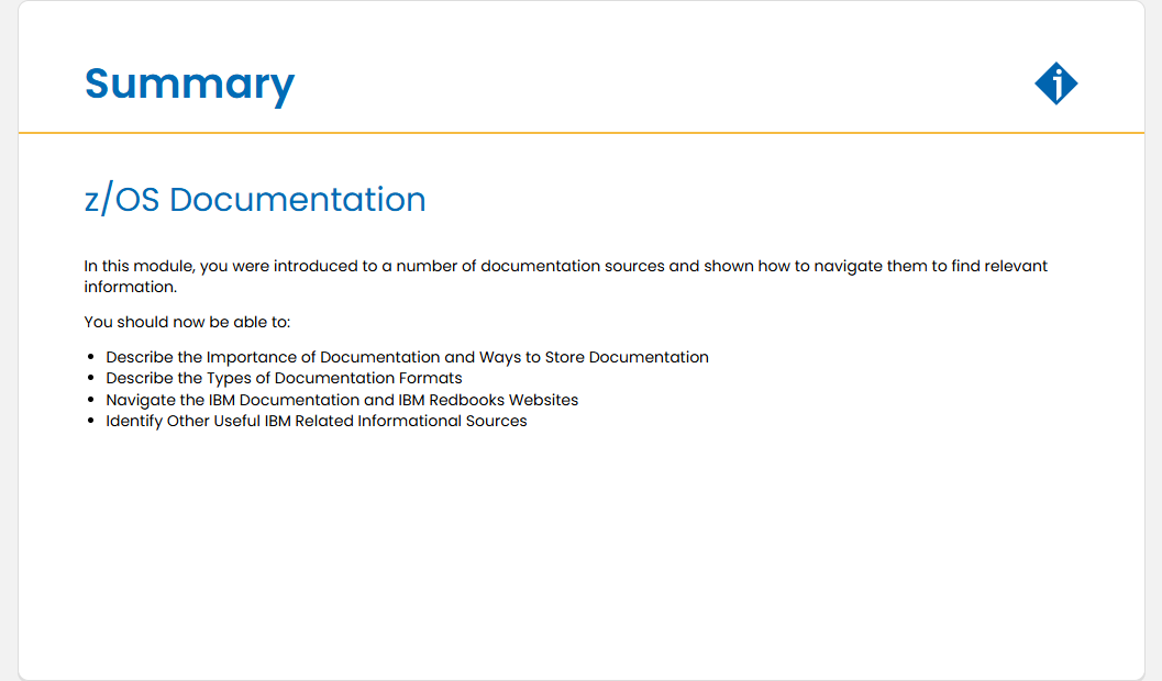 z/OS Documentation Quiz: z/OS Documentation - Summary screenshot